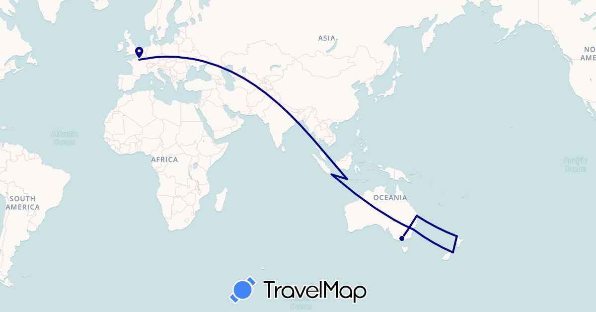 TravelMap itinerary: driving in Australia, France, Indonesia, New Zealand (Asia, Europe, Oceania)